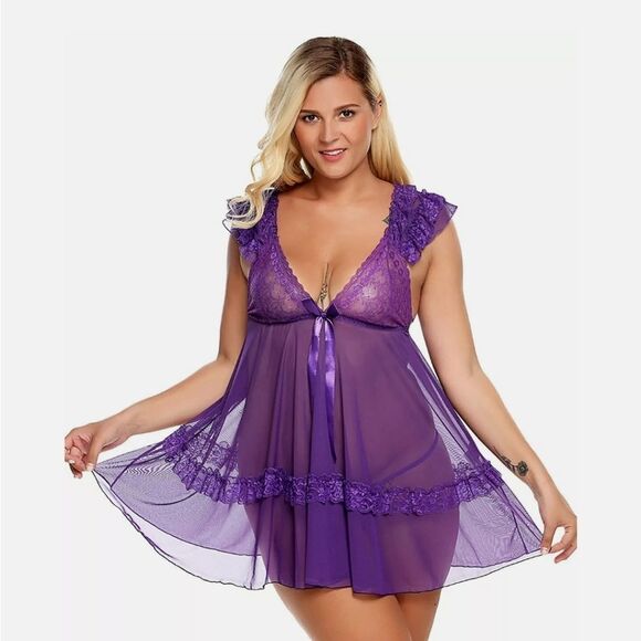 Plus Size 👅Sexy Lingerie Lace Deep-V Nightgow - Picture 1 of 4